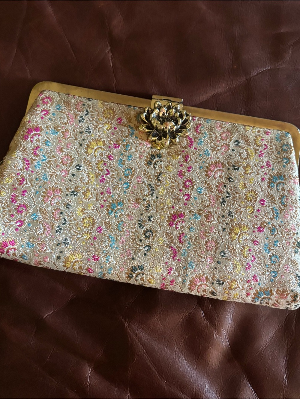 Vintage 1960s Floral Brocade Clutch with Gold Lotus Clasp